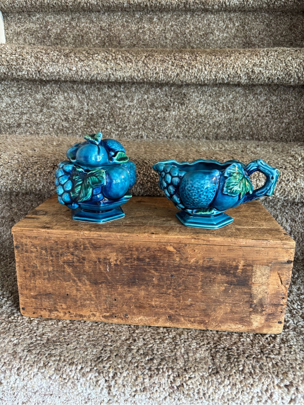 Vintage Blue Glazed Fruit-Accent Creamer and Sugar Set